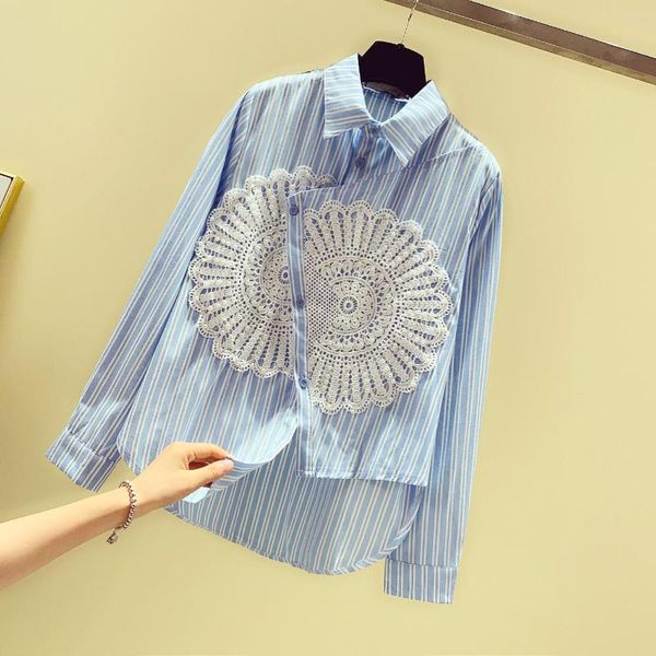 Frauen Blusen 2023 Sommer Spitze Patchwork Unregelmäßige Frauen Shirts Gestreiften Blau Lose Büro Dame Elegante Outwear Mantel Tops