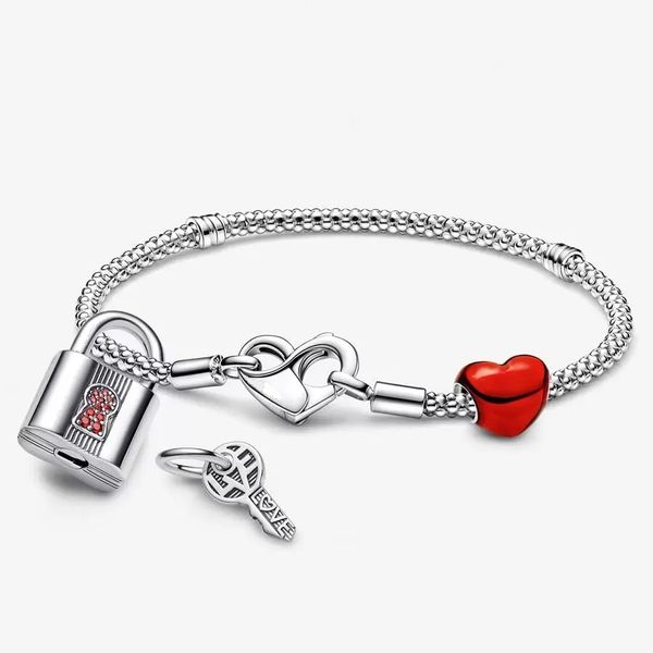 prata 925 charme pulseira feminina j￳ias pingentes de j￳ias Pandora Momentos de pulseira de amor vermelho encagado