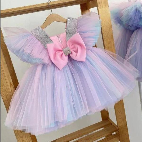 Abiti da ragazza Baby Lace Paillettes Dress Big Bow Kids Fluffy 1 anni Birthday Pageant For Girls Battesimo Abito da sposa 1-5