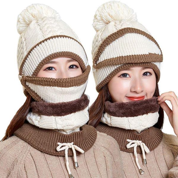 Mützen Beanie/Totenkopfkappen 3-teiliges Damen-Winterschal-Set Outdoor-Damen Warme Maske Strickmütze Verdickungsmütze Gesichtsbedeckung Bequem