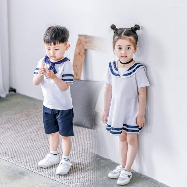 Kleidungssets Schwester Bruder Passende Kleidung Set Matrose Sommer College Kleinkind Mädchen Kleid Kurzarm Kinder Jungen Marine Kostüm