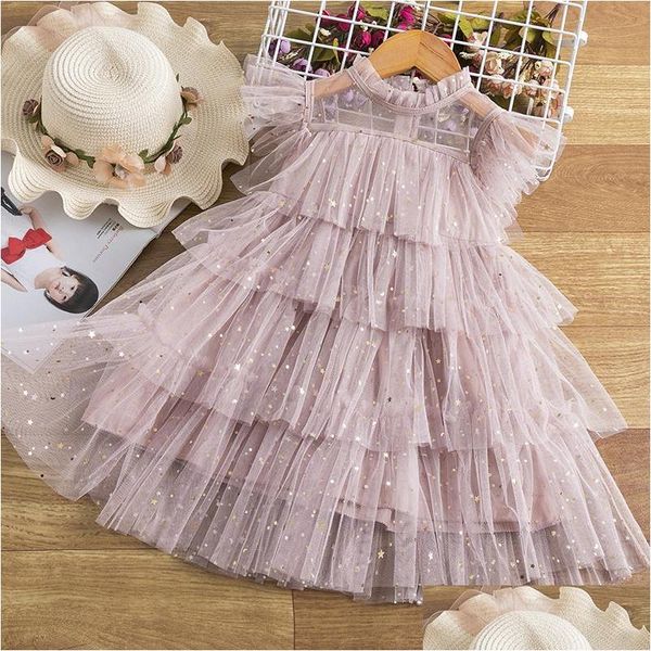 Robes de fille de voiture DVR filles princesse maille couches gâteau pour enfants paillettes fête élégante tutu bal drop livraison bébé vêtements de maternité Dhn6Q