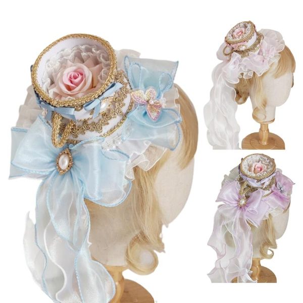 Berets Lolita Vintage Round Top Hat Ruffled Lace Bow Pearl Pendant Tea Party Bonnet Hair Clip Royal Anime Cosplay DropshipBerets