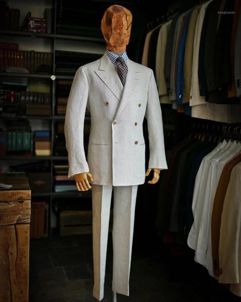 Erkek Suit Blazers Moda Modu Bej Keten Erkekler Terno Maskulino Damat Kostümü Homme Prom Slim Fit Tuxedo Blazer 2 PCS Ceket Pantolon