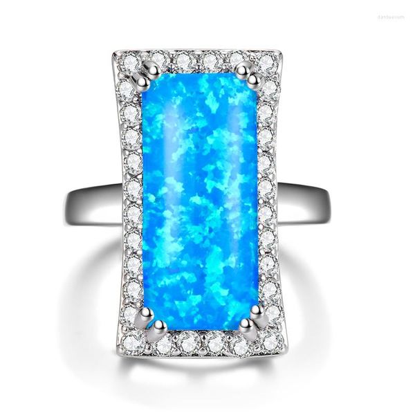 Alyans Boho Blue White Fire Opal Yüzük Muhteşem Büyük Taş Gümüş Renk Bantları Mücevherler Kadınlar İçin Vaat