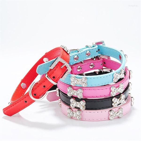 Collari per cani Collare in pelle PU alla moda Accessori a forma di osso con strass per cani Forniture per collane per piccoli animali domestici