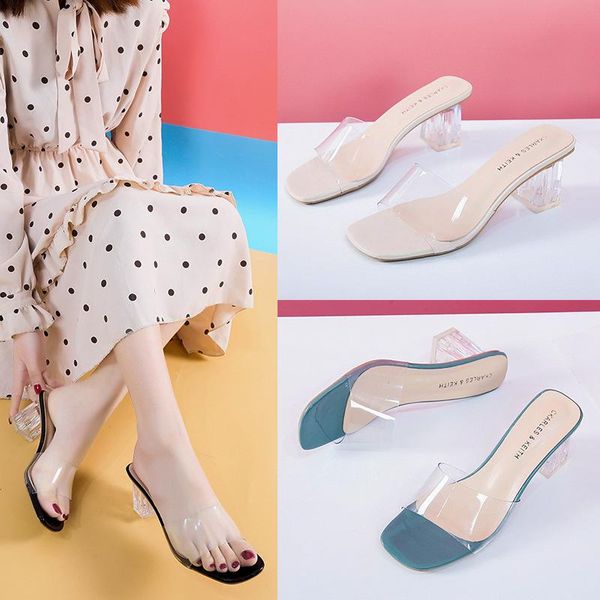 Slippers 2023 Crystal Transparent Sapatos fêmeas de salto médio verão mulher mulher moda moda cool slides -75