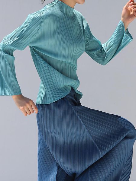 Kadın Tişörtleri Miyake Piled Uzun Kollu Üstler Yüksek Boyun Düz Renk Gevşek Tişört Günlük Bayanlar Gömlek