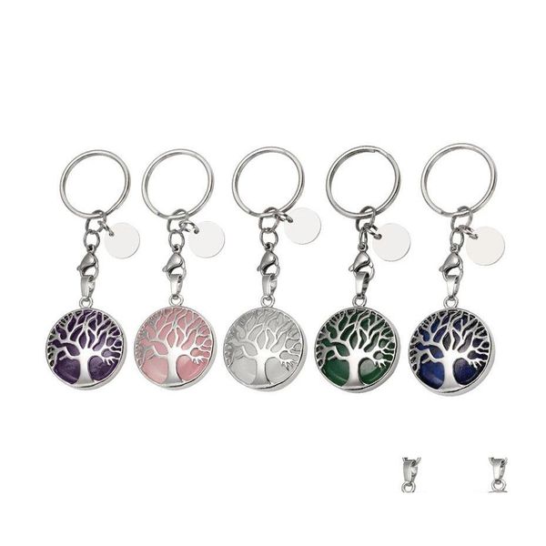 Tecla an￩is ￁rvore da vida Rosa natural quartzo geme stone cura cura chave keychain birthday keyrings presente entrega dhqgu