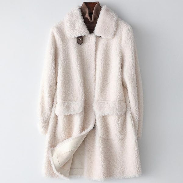 Pelliccia da donna Faux Winter Fashion Cappotti in vera pecora per donna Giacca lunga in lana Colletto naturale bianco Cappotto allentato casual Lusso femminile