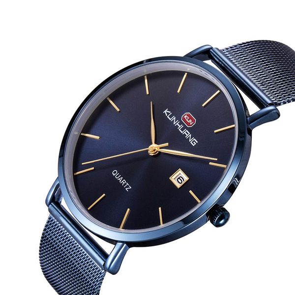 Нарученные часы Kunhuang Casual Men Boy Boy Quartz Watch Black Ultra Thin аналоговый календарь дисплей из нержавеющей стали Slim Mesh Band Clock Reloj hombre