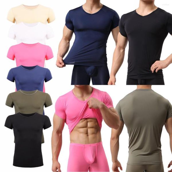 Herren-T-Shirts, 2 Stück, durchsichtige Herren-Unterhemden, kurzärmelig, Eisseide, Basic, sexy, Fitness, Bodybuilding, durchsichtige Unterwäsche, Sport-Shirt