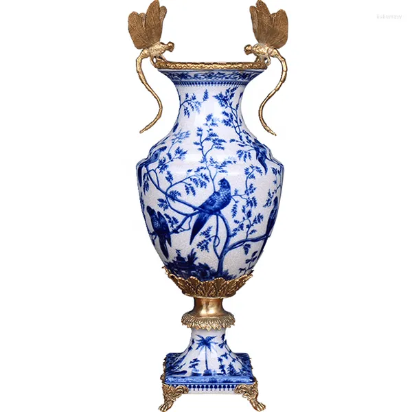 Vasos A maioria dos projetos de luxo de luxo de bronze de cerâmica decoração de latão e porcelana branca azul