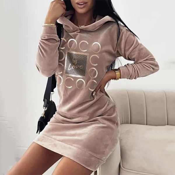 Casual Kleider Brief Drucken Samt Mit Kapuze Sweatshirt Kleid Frauen High Street Stil Sport Gerade Mini Langarm Streetwear Herbst Winter