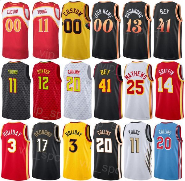 Maglie da basket classiche stampate Bruno Fernando 24 Saddiq Bey 41 Trae Young 11 Deandre Hunter 12 John Collins 20 Bogdan Bogdanovic 13 Garrison Mathews 25 Uomini