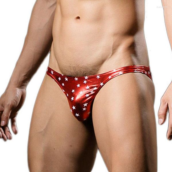 Mutande Slip da uomo sexy Custodia per pene in pelle PU Blocco oro Stampa stella Shinning Wetlook Costume intimo