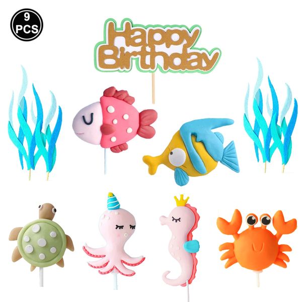 Outros suprimentos para festas de eventos 9pcs animais oceanos de bolo de bolo de aniversário decoração de bolo de bebê suprimentos de festa de chá de bebê oceano Decorações de festa de aniversário 230217