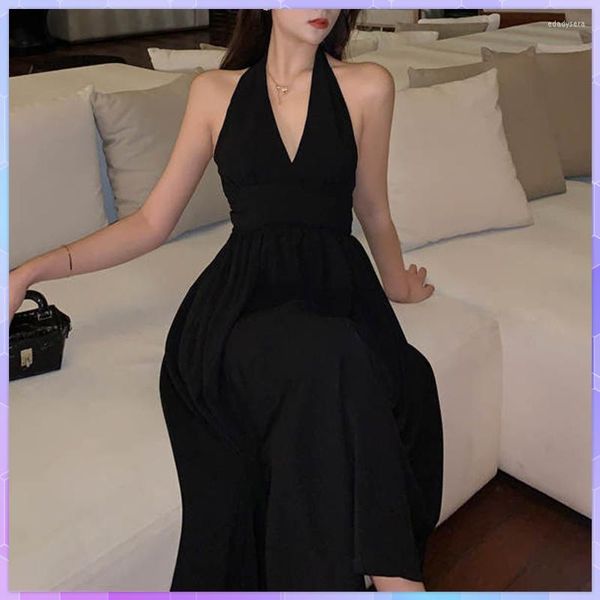 Casual Dresses Elegant ärmellos für Frauen 2023 Pure Black Mid-Calf Sexy All-Match Teenager V-Ausschnitt Kleid Damen Vestidos Sommer