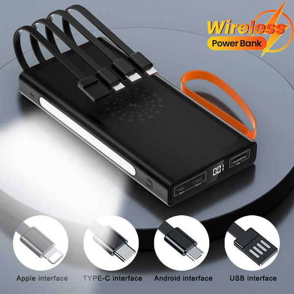 Power Power Banks мобильный телефон 10000 мАч -портативный беспроводной банк питания встроенные 4 кабели Powerbank Fast Зарядка внешняя батарея светодиодная фонарик для iPhone J230217