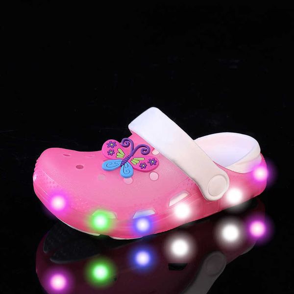 Hausschuhe für Kinder, bunte LED-Leuchtsandalen, lässige Kinderschuhe, niedlicher Dinosaurier-Schmetterling, leichte, rutschfeste Sommer-Garten-Strand-Hausschuhe