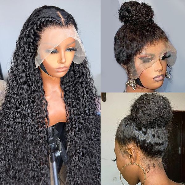 Perucas de cabelo humano sem tampa, polegadas sintéticas, onda profunda, frente de renda, brasileira, água, encaracolado, fechamento, para mulheres negras, corpo, sem cola 1