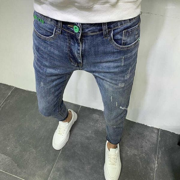 Jeans masculino primavera verão verão slim hip-hop coreano harajuku bordado streetwear 90s calças de luxo azul homens cargo clássico masculino macho