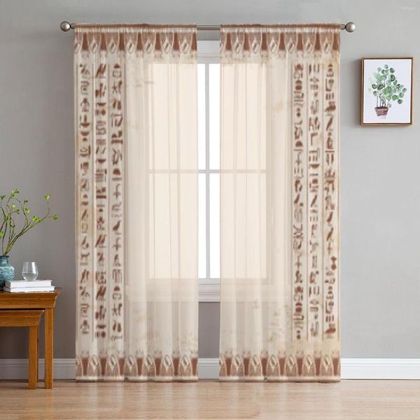 Cortina ornamentos egípcios hieroglifos cortinas puras para a sala de estar com decoração de janela de tule transparente cortinas de decoração de cozinha