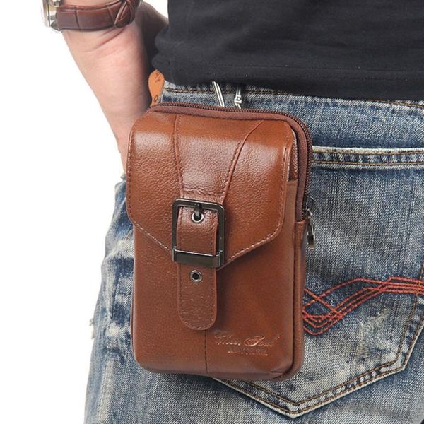 Bolsas de cintura Men Covilhão de couro genuíno Fanny Bag Brand Famous Belt Hip Bum Bum Cell/celular Case Cigarette Coin Pack Pack Pouch