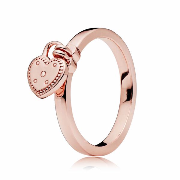 Herzförmiger Vorhängeschloss-Ring aus 18 Karat Roségold für Pandora, 925er Sterlingsilber, modischer Party-Designer-Schmuck für Frauen, Freundin, Geschenk, Liebesringe mit Original-Einzelhandelsbox