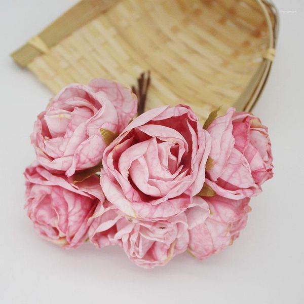 Flores decorativas 6 cabeças Tea Rose Artificial Bud Diy Wreath -countrent Acessórios