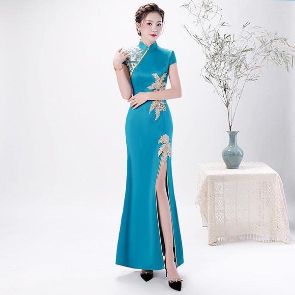 Ethnische Kleidung plus Größe 4xl Himmelblau Frau Satin Traditionelle chinesische Kleider Pailletten Applique Elegant Qipao Vintage Oriental Cheongsam