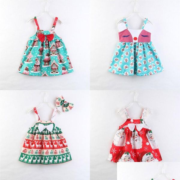 Vestidos da menina crianças meninas natal 4 projetos laço laço papai noel alce impresso estilingue vestido de renda festa peform traje 27t gota deliv dhkd5