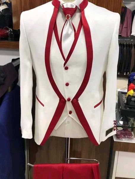 Erkek Suit Blazers Kırmızı Kenar Dikiş Renk Takım Ayrıklık Düğün Damat Elbisesi Formal (Ceket Pantolon Yelek)
