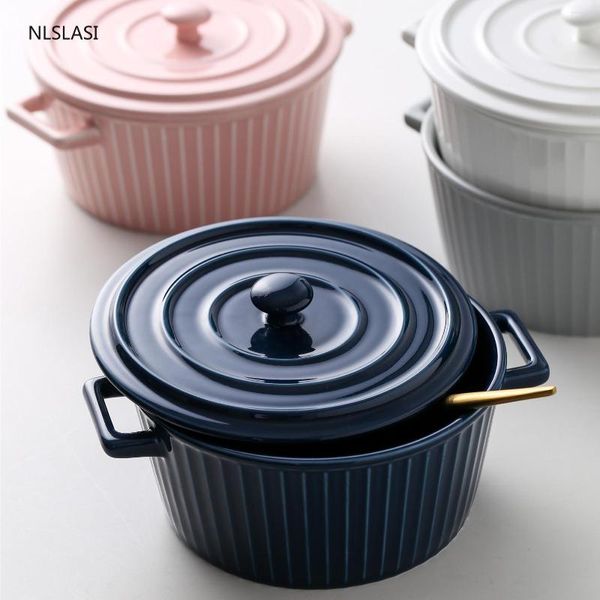 Dinnerware Define Nordic Round Double Ears Tigela de cerâmica com tampa de cozinha de mesa de mesa de mesa Big Bowls Anti-escaldamento panela instantânea de macarrão instantâneo