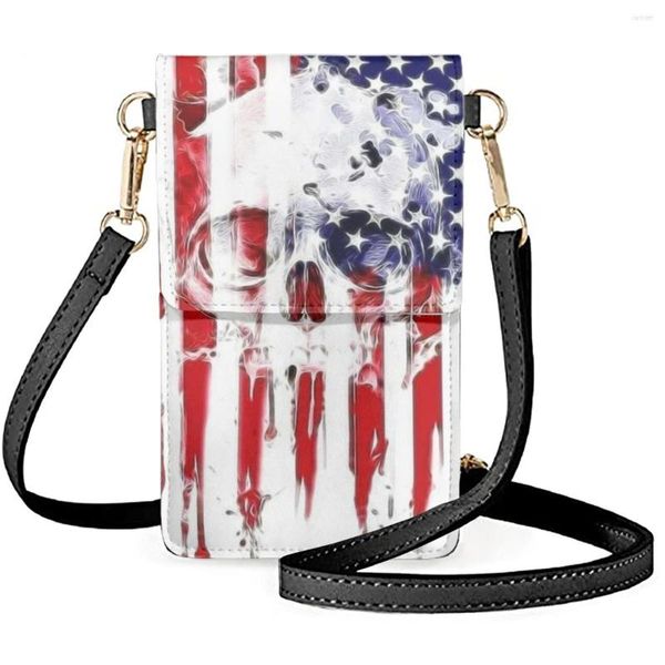 Borse da sera FORUDESIGNS Borsa per cellulare con design a bandiera americana Materiale PU Teschi Ragazza Star Strip Portafoglio diagonale con cinturino lungo