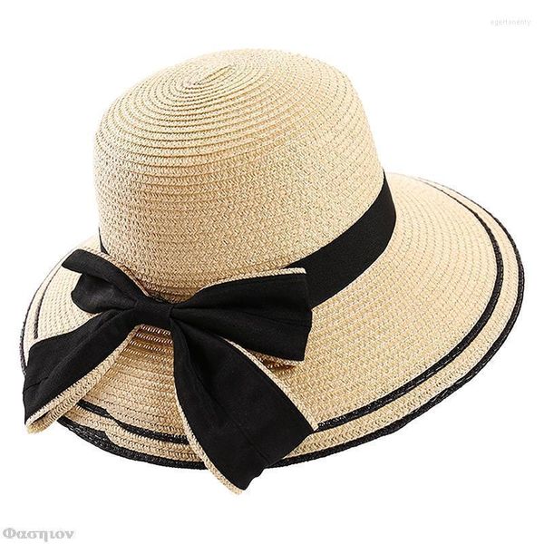 Chapéus de aba larga 2023 Primavera e verão Big Hat Women Férias ao ar livre Protetor solar Solshade Stravo Bow dobrável Panamá Panamá Gorros Eger22