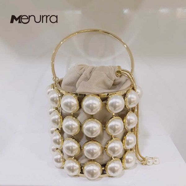 Borsa da sera Pochette a secchiello con perle da donna Scava fuori la gabbia metallica con perline