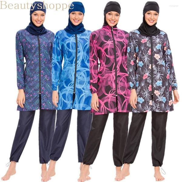 Ethnische Kleidung Muslimische Badebekleidung Frauen Modest Patchwork Hijab Lange Ärmel Sport Badeanzug Islamische Muslimah Burkinis Tragen Badeanzug