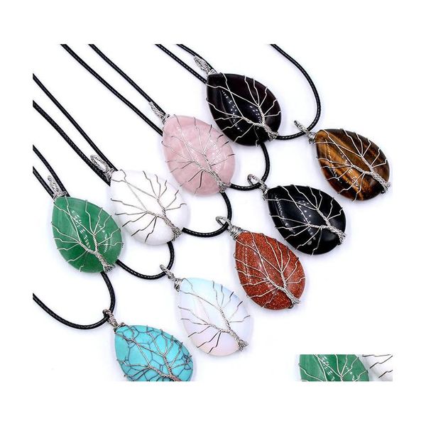 Anhänger Halsketten Heilkristall Naturstein Charms Twine Baum des Lebens Wire Wrap Türkis Tigerauge Lrose Quarz Seil Kette Autos Dhey4