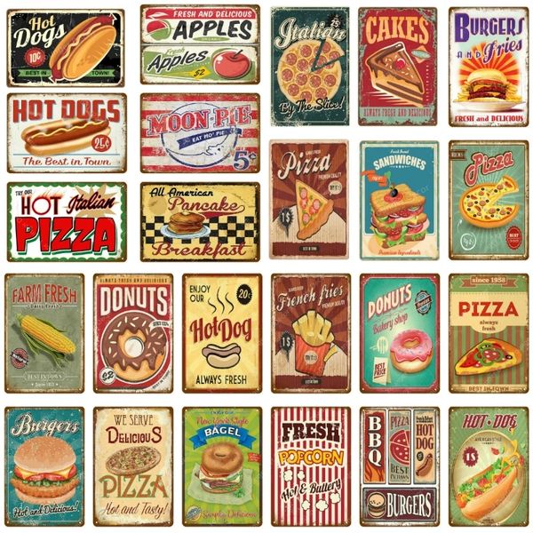 Hot Dogs Burgers Pizza Letreros de chapa de metal Bar Decoración de pared Letrero de chapa Letreros de metal de comida vintage Decoración para el hogar Placas de pintura Póster artístico Decoración de restaurante Tamaño 30X20CM w01