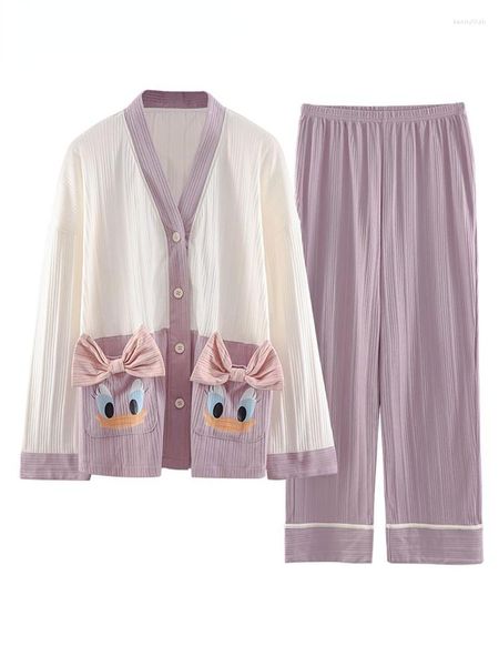 Damen-Nachtwäsche, Damen-Cartoon-Pyjama, 2-teiliges Set, Rippenstrick, volle Hülse, einreihiges Hemd, Taschen, elastische Taille, Hosen, Heimkleidung 2023