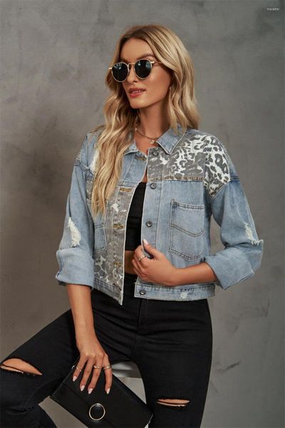 Женские куртки мода контрастная леопардовая джинсовая куртка Женщина элегантная поворотное воротнич
