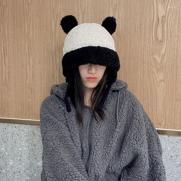 Berets 2023 Süße süße Mädchen Nähte Farbe Rot Panda Shu Baumwolle Wolle Lei Feng Hut All-Match Damen Winter Warme Mode Beanie