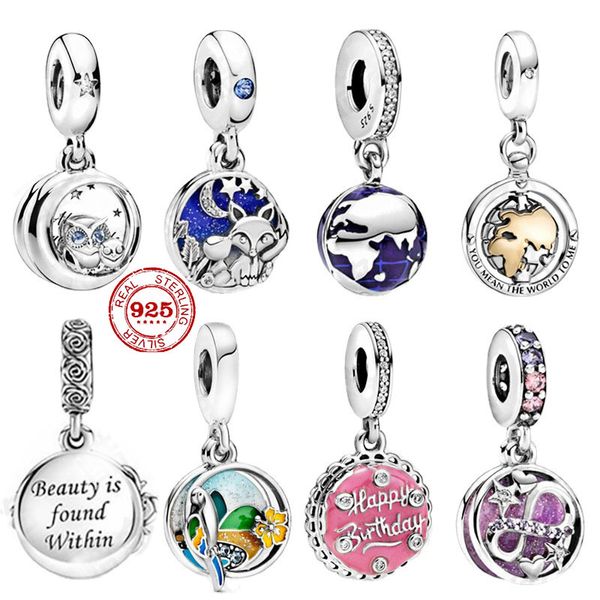 Real 925 Sterling Silver Globe Fox Rabbit Charm Bead Fit Bracciale Pandora originale Gioielli fai da te per donna Spedizione gratuita