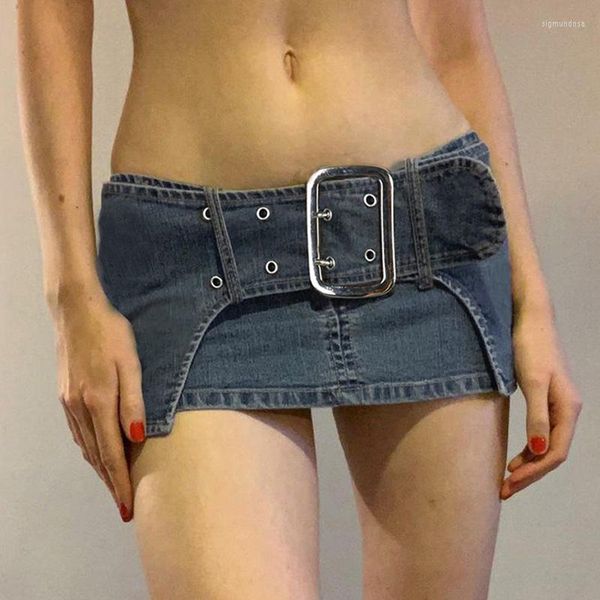 Saias Sexy Super Mini Shaia Cintura baixa 2023 Jeans de chapéu de quadril com garotas de cinto roupas de boate de boates desgaste de jeans azul