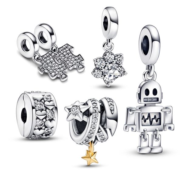 Echter 925er Sterlingsilber-Charm für Liebe, Herz, Perlen, Roboter-Amulett, passend für Pandora-Armbänder, Halsketten-Charm