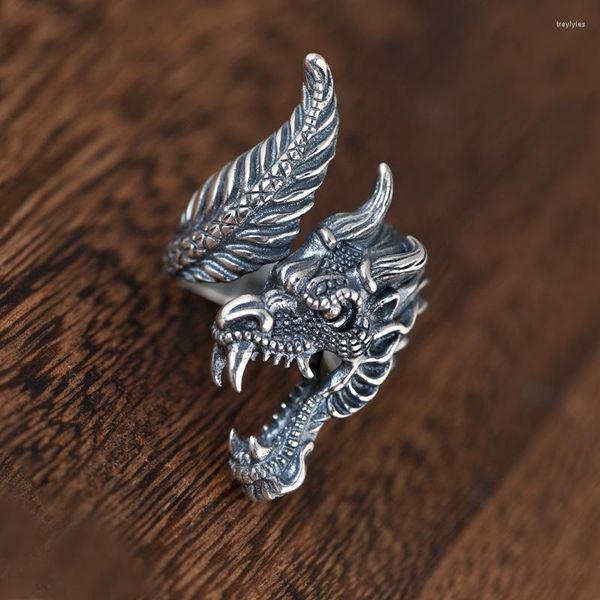 Cluster Rings fnj Punk Animl Dragon Ring 925 Silver Fashion Original S925 STERLING для мужчин Регулируемый размер