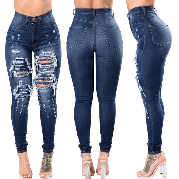 Jeans da donna Pantaloni a matita in denim lavato strappato tinta unita casual vintage Moda autunnale Tasca a vita alta sbiancata