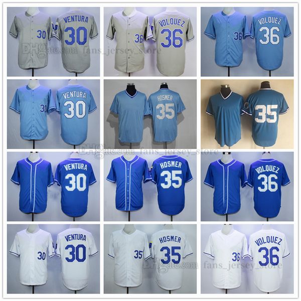 Camisas de beisebol de filme 30 Yordano Ventura 35 Eric Hosmer 36 Cam Gallagher 4 Alex Gordon ed Breathable Sport Sale High