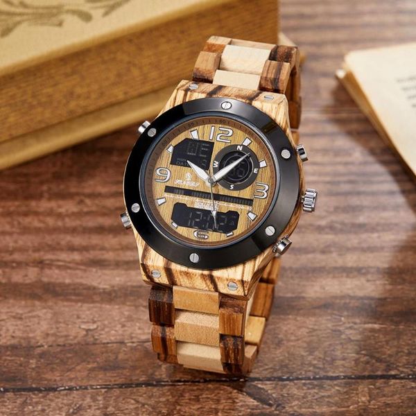 Armbanduhren Gorben Natürliche Holz Quarzwerk Herrenuhr Multifunktions-Dual-Display Handgelenk Holzarmband Wasserdichte Armbanduhr